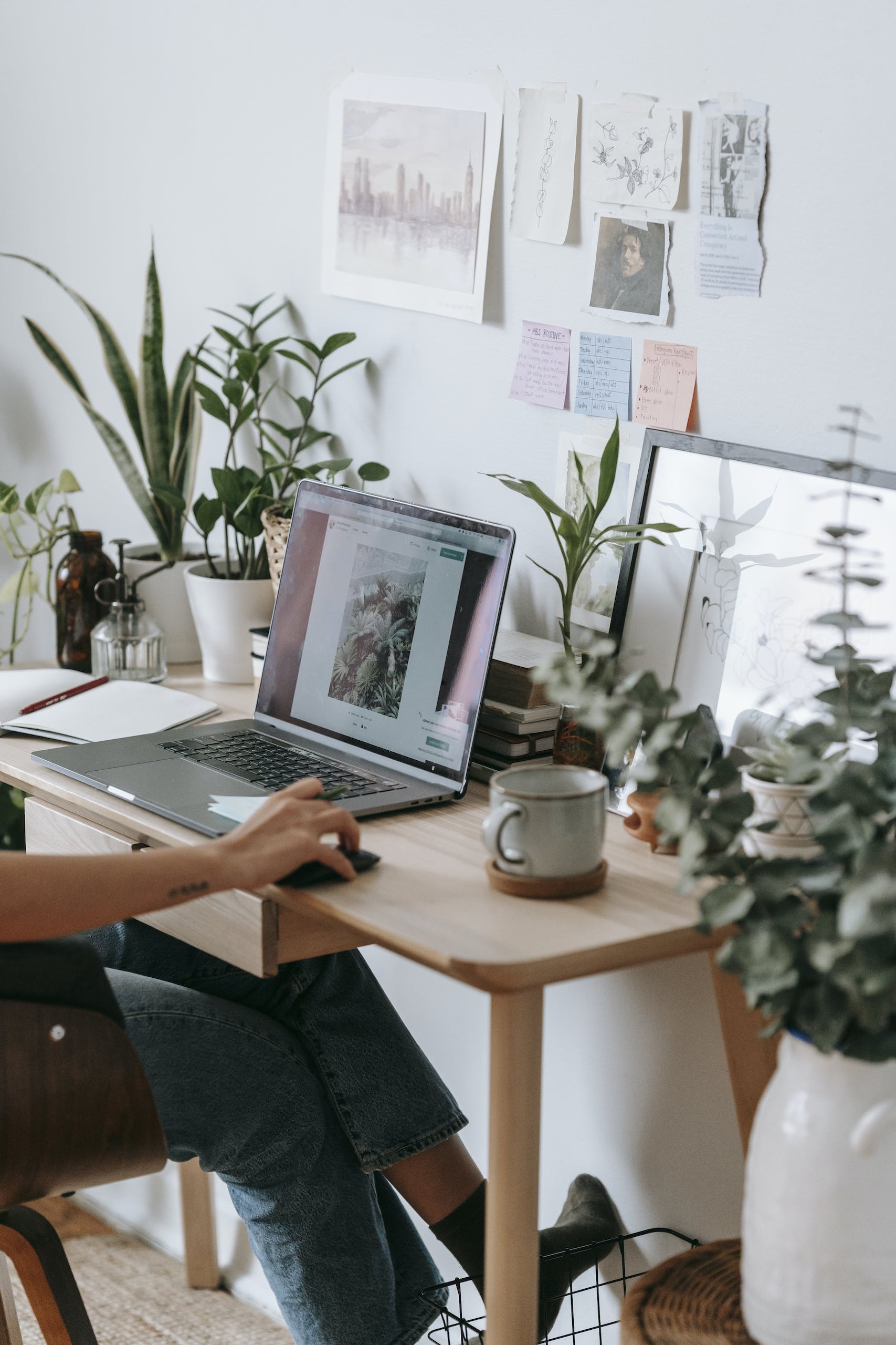 Woman browsing internet with laptop and mouse at table